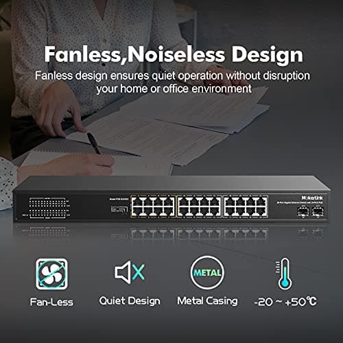 MokerLink 26 Port Gigabit PoE Switch, 24 Gigabit PoE+ Ports, 2 Gigabit SFP Uplink, 300W IEEE802.3af/at, Fanless Rackmount Unmanaged Plug and Play Ethernet Switch — view 5