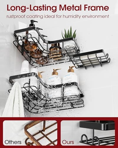 Sakugi Corner Shower Caddy - 3-Pack Shower Organizer with Soap Holder & Built-In Hooks, Rustproof Metal Shower Shelves, Laundry, Kitchen, Bathroom Organizers and Storage Solution, Black — view 2