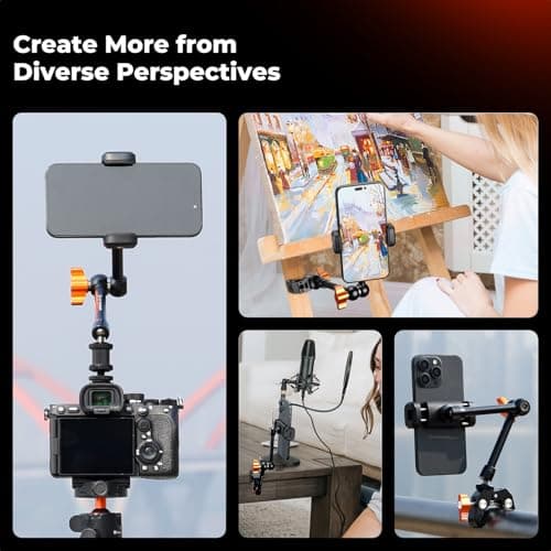 K&F CONCEPT 9.8" Magic Arm Clamp with Phone Holder, 360° Ball Heads Camera Arm Mount for Phone/LED Lights/Monitor/Flash/Microphone/DSLR Camera — view 5