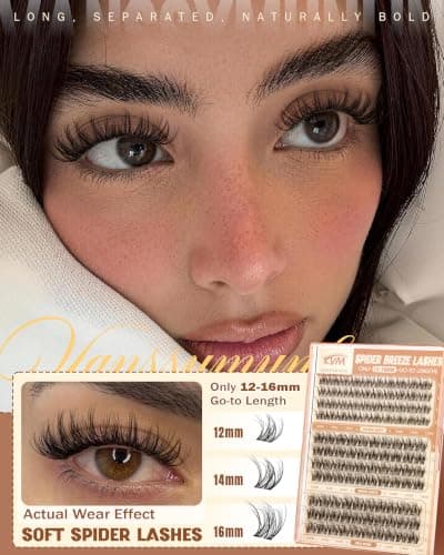 Spider Lash Clusters, ONLY 12-14-16mm Wispy Eyelash Clusters D Curly Lashes Cluster Breeze Cluster Eyelash Extensions Natural Reusable Individual Lashes with Invisible Band for DIY by Vanssymunlin — view 2