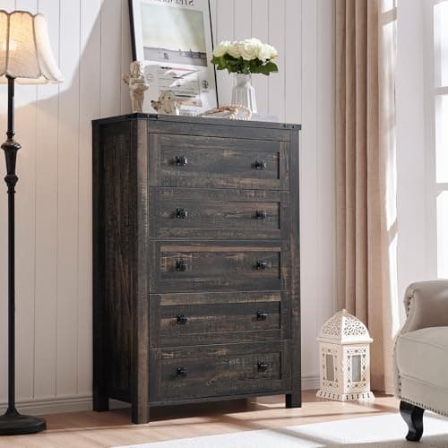 T4TREAM 48" Tall Farmhouse 5-Drawer Dresser for Bedroom, Dark Rustic Oak