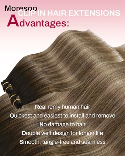Moresoo Hair Extensions for Women Clip in Human Hair Ombre Dark Brown to Dark Ash Blonde with Golden Blonde Clip in Hair Extensions for Women Double Weft Clip Hair Extensions 20 Inch 7 Pcs 120G