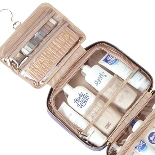 NISHEL Travel Toiletry Bag for women, Portable Hanging Organizer for Full-Sized Shampoo, Conditioner, Brushes Set, Makeup Accessories, Large Size, Purple — view 3
