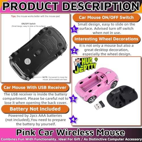 HUGJEPTTY Pink Wireless Mouse，1600DPI 2.4G with USB Reciver Car Mouse for Computer Wireless Computer Mouse Wireless USB Wireless Mouse for Laptop Computer Tablet for Windows for Mac OS（Pink） — view 4