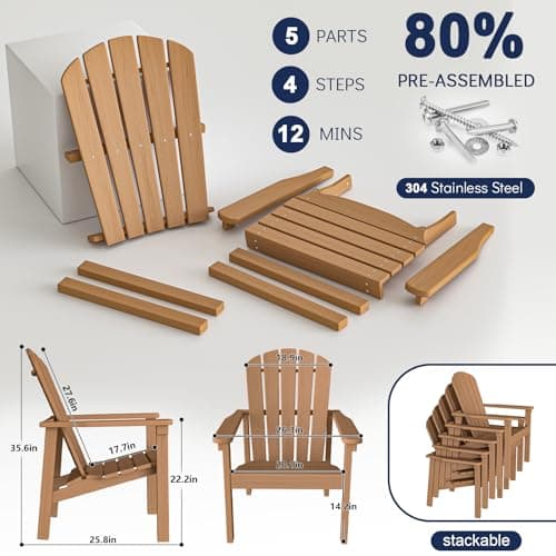 nevilywood Compact Stackable Adirondack Chairs Set of 2,HDPE,380lbs,Teak — view 4