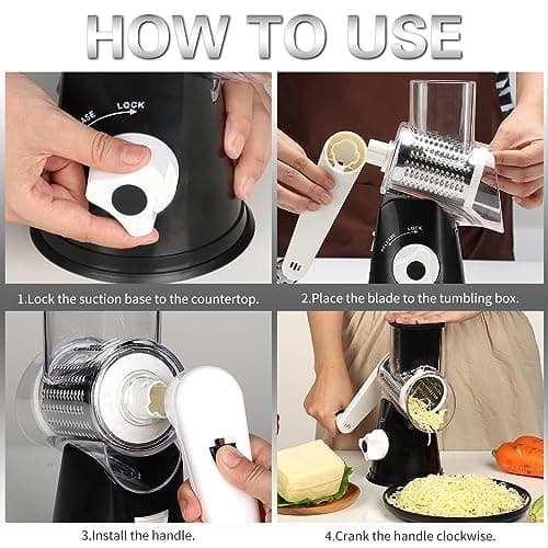 Cambom Rotary Cheese Grater Hand Crank Cheese Shredder for Fresh Cheese, Vegetable, Nuts,Non-slip Suction Base, Three Blades, Black — view 7