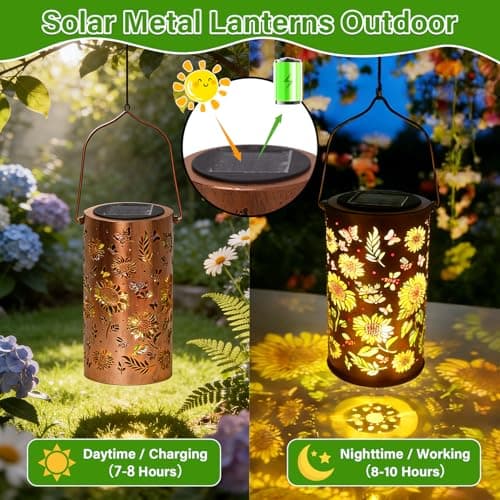Colorful Solar Lanterns Outdoor Waterproof, Garden Decor Gifts for Women Mom Grandma - LED Colorful Sunflower Solar Powered Lights Metal Hanging Lantern for Outside Garden Patio Yard Lawn Porch Decor — view 5