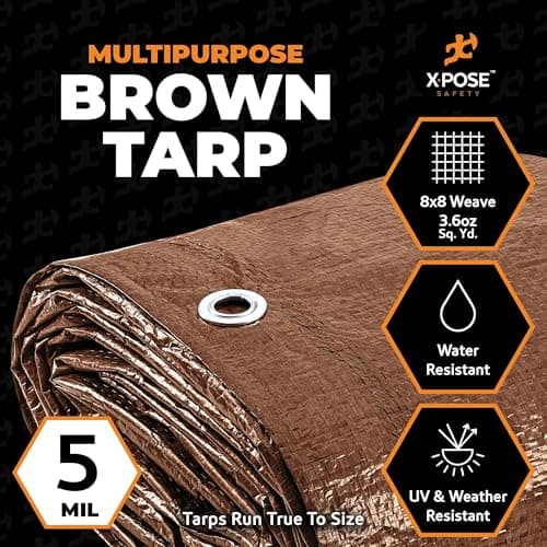 Multipurpose Protective Cover Brown Poly Tarp 12' x 12' - Durable, Water Resistant, Weather Resistant - 5 Mil Thick Polyethylene - by Xpose Safety — view 2