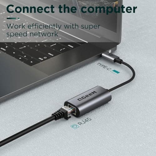 QGeeM USB C to Ethernet Adapter, 1000Mbps Gigabit RJ45 LAN Network Dongle, Thunderbolt 5/4/3 Compatible, Braided Nylon Aluminum Case for iPhone 17/16/15 Pro Max, MacBook Pro/Air M3/2, iPad, XPS - Gray