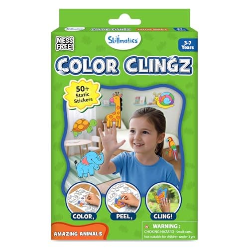 Skillmatics Cling Art – Color Clingz Animals, 50+ Reusable Static Stickers, Mess-Free Fun for Kids, DIY Craft Kits & Supplies, Travel Toys, Creative Gifts for Boys and Girls Ages 3, 4, 5, 6, 7