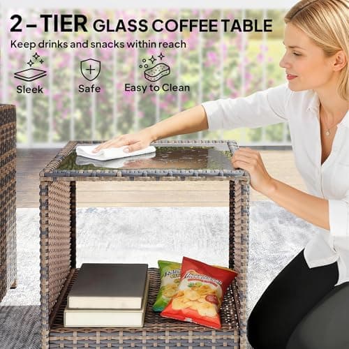 Outsunny 5 Piece Patio Furniture Set, Wicker Patio Chairs with Ottomans, 2-Tier Glass Coffee Table, Cushions, Outdoor Furniture Conversation Set for Balcony, Brown/Dark Grey — view 7