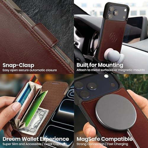 Dreem Wallet Case for iPhone 17 Pro Max, Revolutionary Vert/Hor Phone Stand, Magnetic Detachable Vegan Leather Flip Cover RFID Blocking Card Holder, MagSafe-Fit, Gift Box [Fibonacci: Coffee] — view 5
