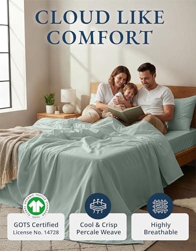 Lane Linen 100% Organic Cotton Double Bed Sheets – 4 Piece Full Sheets Set, Ultra-Soft & Breathable, Deep Pocket Fits 15” Mattress, Percale Sheets for Double Size Bed – Cool Blue