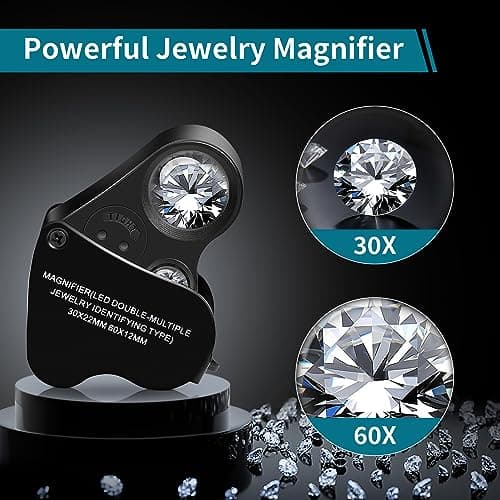 JARLINK 30X 60X Illuminated Magnifying Jewelers Loupe, Foldable Jewelry Magnifier with Bright LED Light for Gems, Jewelry, Coins, Stamps, etc