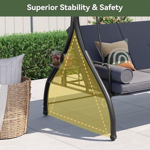 Aoxun Outdoor Porch Swing with Stand and Canopy, 3 Seats Outdoor Swings for Adults, Convertible 2 in 1 Swing Bed with Cup Holder, Patio Swings with Thicken Cushions for Garden, Yard & Balcony, Grey — view 6