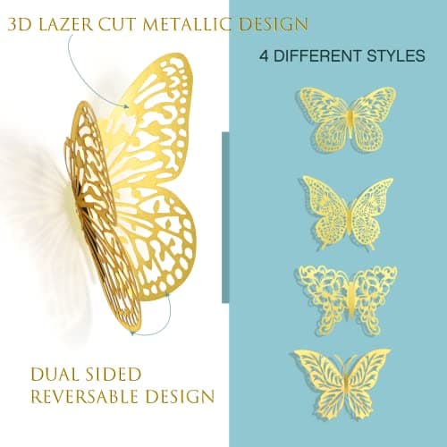 3D Gold Butterfly Wall Decor 3 Sizes 4 Styles Butterfly Party Decorations Cake Decorations Removable Stickers Wall Decor Room Mural Metallic Kids (Gold, 48Pcs) — view 2