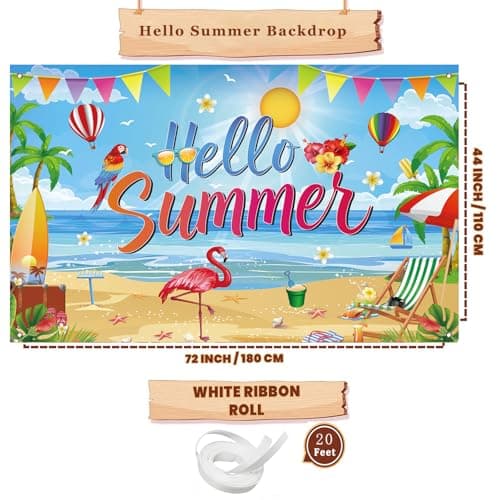 Hello Summer Backdrop, Tropical Beach Party Decorations Banner for Pool Party, Hawaiian Luau Birthday, Summer Photo Booth Background, 71 x 43 Inch