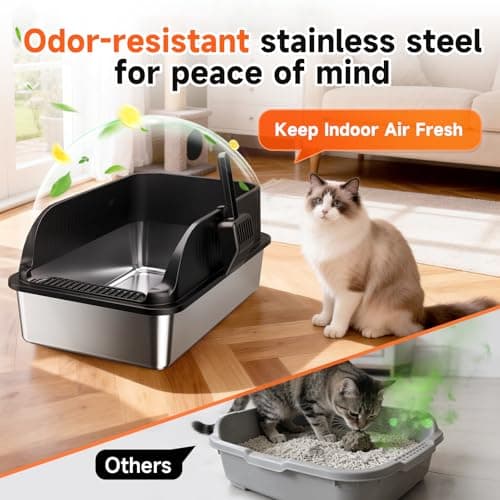 Extra Large Stainless Steel Litter Box with Lid, XL Odor Free Metal Litter Box with High Sides for Big Cats, Open Top Easy Cleaning Kitty Box Anti-Urine Leakage, Non-Sticky, Include Scoop, Black — view 2