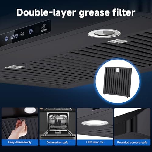 AMZCHEF Under Cabinet Range Hood 30 Inch, 750CFM Stainless Steel Kitchen Stove Vent Hood 3 Speed Exhaust Fan Touch/Remote/Gesture Control LED lights Time Setting Dishwasher-Safe Baffle Filters-Black — view 6