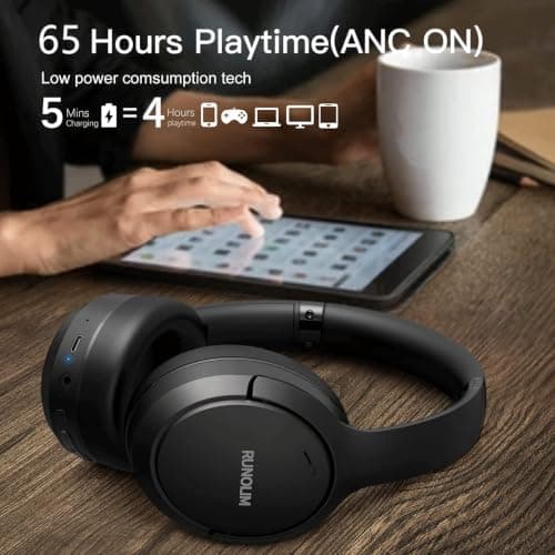 RUNOLIM Hybrid Active Noise Cancelling Headphones, Wireless Over Ear Bluetooth Headphones with Microphone, 100H Playtime, Foldable Headphone with HiFi Audio, Deep Bass for Home Travel Office — view 2