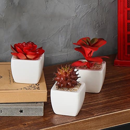 MyGift Set of 3 Miniature Artificial Succulent Plants w/Ceramic Plant Pots, Red — view 5