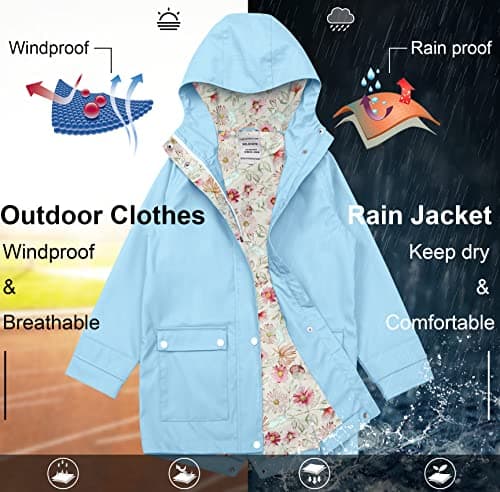 SOLOCOTE Kids Rain Jacket Hooded Lined Rubber RainCoats for Girls Boys Waterproof Windproof, 180806 Light Blue 9-10Y — view 3