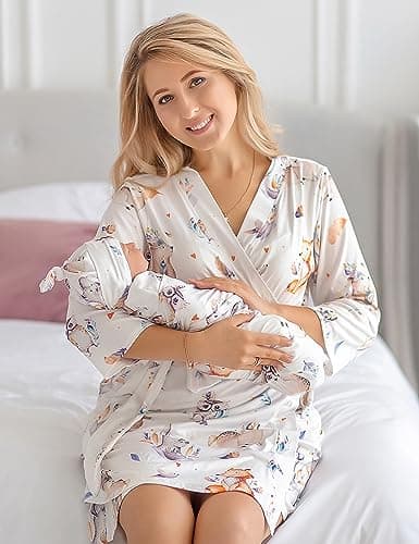 ECO BABY Mommy and Me Robe and Swaddle Set | Maternity Robe and Matching Baby Set for Girl, Boy | Hospital Labor and Delivery, Mila, L — view 3