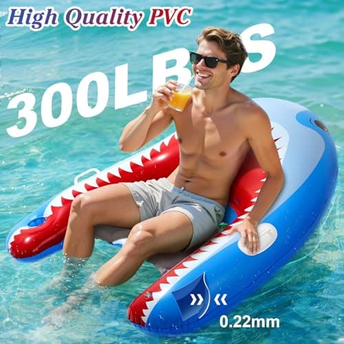 HeySplash Pool Floats Adult, Shark Pool Float Chair with Cup Holder for Adults, Inflatable Pool Float Lounge with Handles, Inflatable Floats for Swimming Pool Beach Lake River Water Party, Blue Shark — view 2