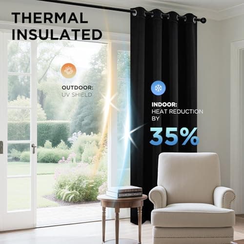 Joydeco Blackout Curtains 63 Inchs Long 52 Wide Black Out Curtains 2 Panels, Thermal Insulated Long Curtain& Drapes, Room Darkening Grommet Drapes for Living Bedroom Window (W52 x L63 Inch, Black) — view 3