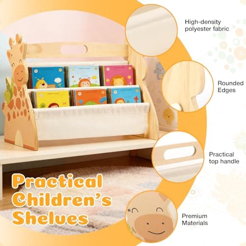 Kids Bookshelf Double Sided 4 Tier Portable Wood Toddler Montessori Book Shelf for Kid Room Nursery Bedroom Playroom — view 3