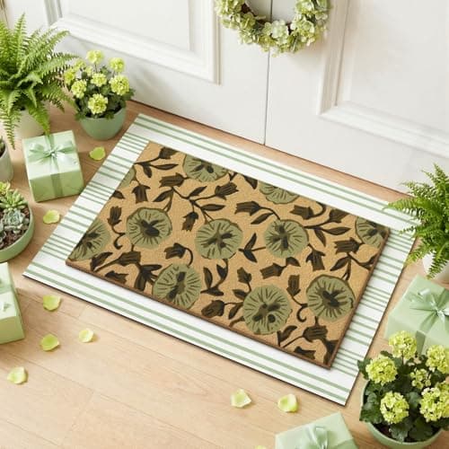 Tinideya 2 Pcs Floral Door Mat Flower Welcome Non Slip Coir Mats Floor Layering Green and White Stripe Summer Doormats Seasonal for Front Porch Entryway Decor(Floral) — view 5