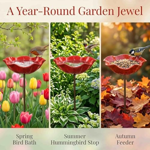 2026 New Metal Flower Garden Stakes Bird Bath, Handmade Mini Birdbath Flower Stake, Butterfly Bee Bath Bowl for Outdoor Lawn Yard Decor (Red+Red) — view 4