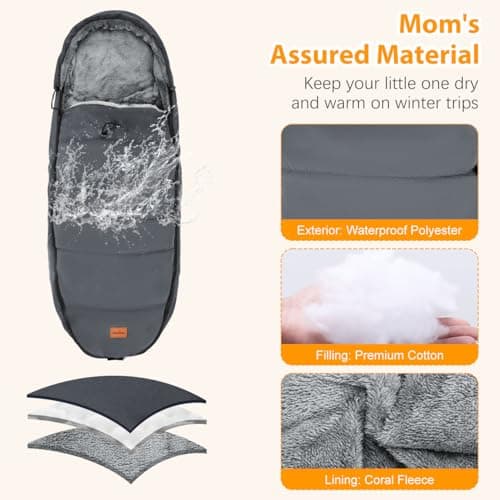 Zooawa Warm Bunting Bag Universal, Waterproof Baby Stroller Sleeping Bag for Cold Weather, Stroller Toddler Footmuff, Extra Thick, Fits 6-36 Months Baby, Gray — view 2