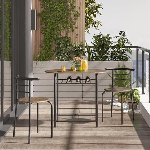 Yaheetech 3-Piece Dining Table Set, Kitchen Table & Chair Sets for 2, Compact Table Set w/Steel Legs, Built-in Wine Rack for Breakfast Nook, Small Space, Apartment, Drift Brown — view 4