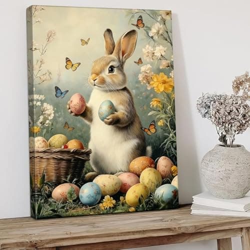 Easter Bunny Canvas Wall Art, Cute Rabbit and Easter Eggs Painting Prints, Vintage Farmhouse Spring Animal Picture, Modern Framed Easter Wall Decor for Bedroom, Living Room, Bathroom, Office 8×10In — view 3