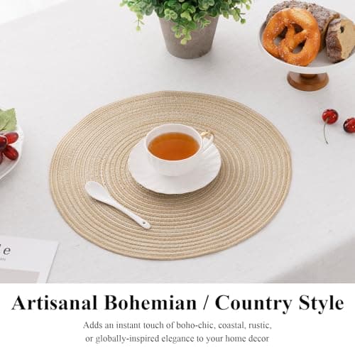 SHACOS 15 inch Round Placemats Set of 6, Cotton Polyester Woven Braided Place Mats, Washable Heat Resistant Non Slip Table Mats for Kitchen Dining Table (Beige, 6) — view 3