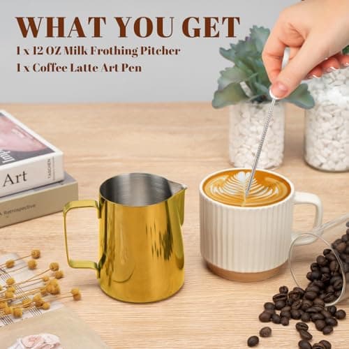 Amrules Milk Frothing Pitcher, 12 oz Milk Frother Cup with Clear Scale, 304 Stainless Steel Cappuccino Espresso Machine Accessories for Barista Coffee Bar with Latte Art Pen, Gold — view 2