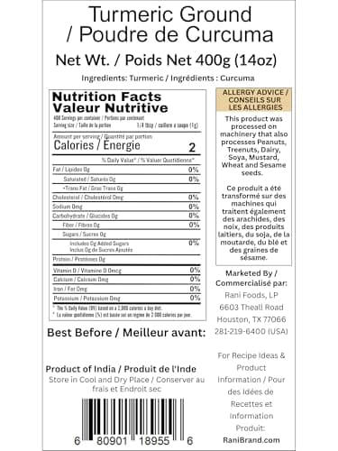 Rani Turmeric (Haldi) Root Powder Spice, (High Curcumin Content) 14oz (400g) ~ All Natural | 100% Pure, Salt Free | Vegan | Gluten Friendly | NON-GMO | Kosher | Indian Origin — view 2