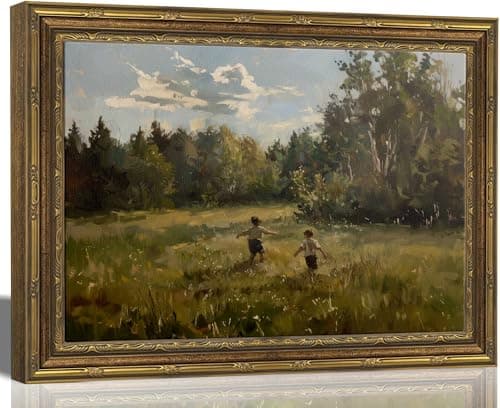 Canvas Wall Art Framed - Kids in Summer Field Landscape Painting, Vintage Gold Framed Picture Poster Prints Artwork for Home Wall Decor,12x16 Inch