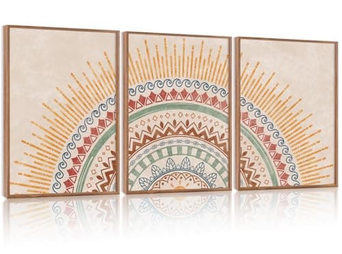 HPINUB Boho Sun Framed Canvas Wall Art Set, (Set of 3,12X16 Inch) Mid-Century Modern Wall Decor, Minimalism Bohemian Wall Painting, Abstract Geometric Pattern Art Print for Living Room,Bedroom,Office