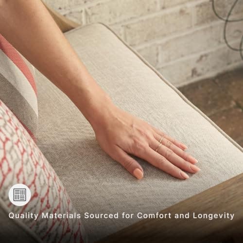 Signature Design by Ashley Clare View Outdoor Patio Sofa, 4 Throw Pillows, Nuvella Weather Resistant Fabric, Eucalyptus Wood, 81" W x 35" D x 32" H, Beige — view 3