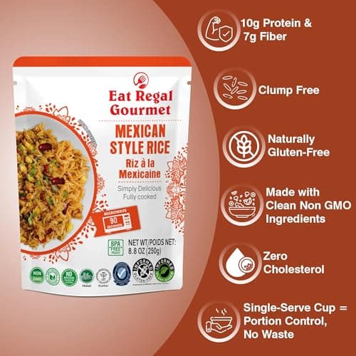 Eat Regal Ready to Eat Mexican Style Rice, 10g Protein & 7g Fiber per Pouch, 1.5 Minutes Microwave Rice, Bold Mexican-Inspired Flavor, Non-GMO Ingredients, Gluten-Free, Halal & Kosher, BPA-Free Pouch, 8.8 oz Pack of 7 — view 3