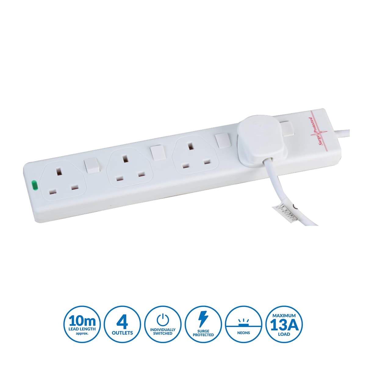 PRO ELEC PELB1942 4 Gang Switched Surge Protected Extension Lead White, 10m — view 2
