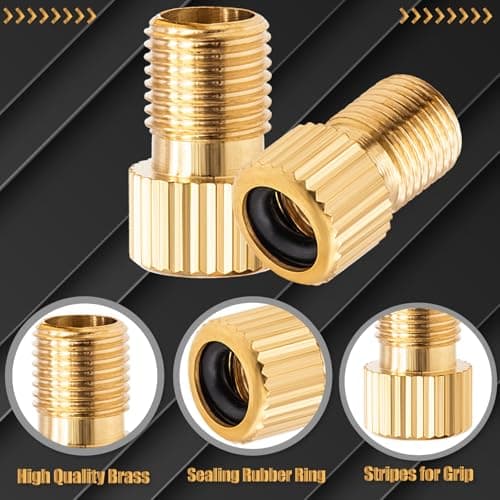 MEAJOO 4PCS Brass Presta Valve Adapter, Convert Presta to Schrader Adaptor, Inflate Tire Using Standard Pump or Air Compressor for Bikes, 8 x Black Tire Valve Caps (Vertical Grain Style) — view 2