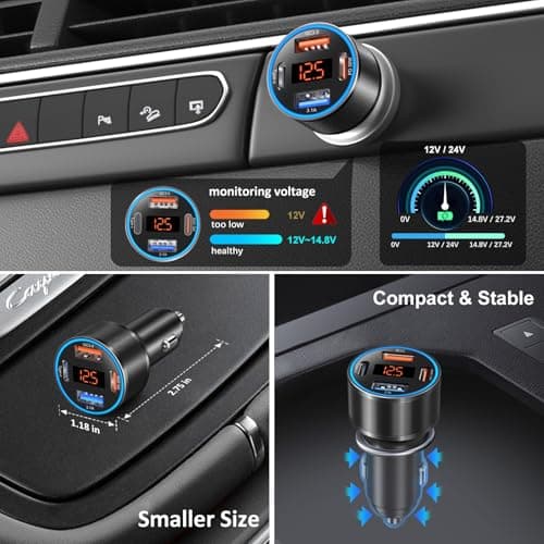 3 Pack USB C Car Charger, 4-Port 65W Dual 12V USB-A & USBC Cigarette Lighter Adapter Plug with Voltmeter PD/QC 3.0 Fast Charging Car Phone Charger for iPhone 17 16e 15 14 13 12 Pro Max, Android-Black — view 4
