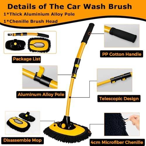 15° Arch Car Wash Brush with Long Handle 43" Telescopic Truck Camper Cleaning Mop RV Automotive Wheel Boat Windshield Exterior Interior 2 in 1 Microfiber Carwash Duster Not Hurt Paint Scratch Free — view 2