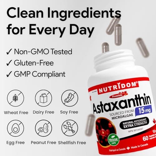 Nutridom Astaxanthin 15mg | Source of Antioxidant | Sourced from Microalgae | Vegan, Non-GMO, Allergen-Free | Astaxanthin Supplement Canada | 60 Veggie Capsules — view 4