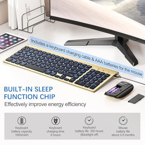 Wireless Backlit Keyboard and Mouse Ultra Slim Combo, TopMate 2.4G Silent Compact 2400DPI Mouse and Scissor Switch Keyboard Set, Batteries Included, for PC/Laptop/Windows/Mac/Gaming - BL Gold Black — view 4