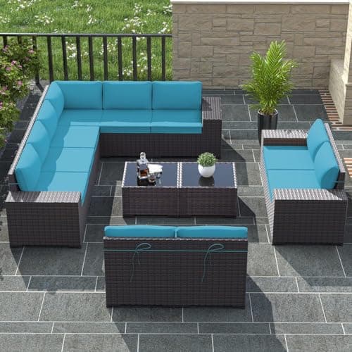 RTDTD 12 PCS Outdoor Patio Furniture Set,Outdoor Sectional Furniture All Weather PE Rattan Wicker Patio Conversation Set with 2 Coffee Tables and 10 Thickened Cushions,Blue — view 6