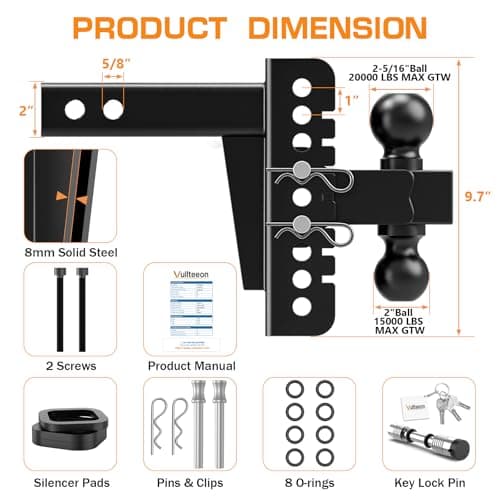 Vullteeon Adjustable Trailer Hitch, Drop Hitch for 2 Inch Receiver, 6" Drop/Rise, (2" & 2-5/16") Ball Hitch for Truck, 20000 LBS GTW, Slot-Fit & Anti-Rattle Design Trailer Hitches, Anti-Theft Pin — view 7
